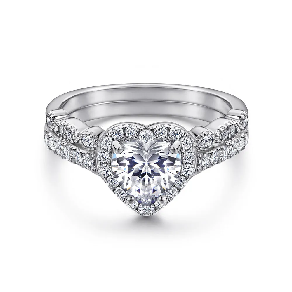 Heart-shaped Zircon Soleste Halo with Beading Silver Ring Set for Women