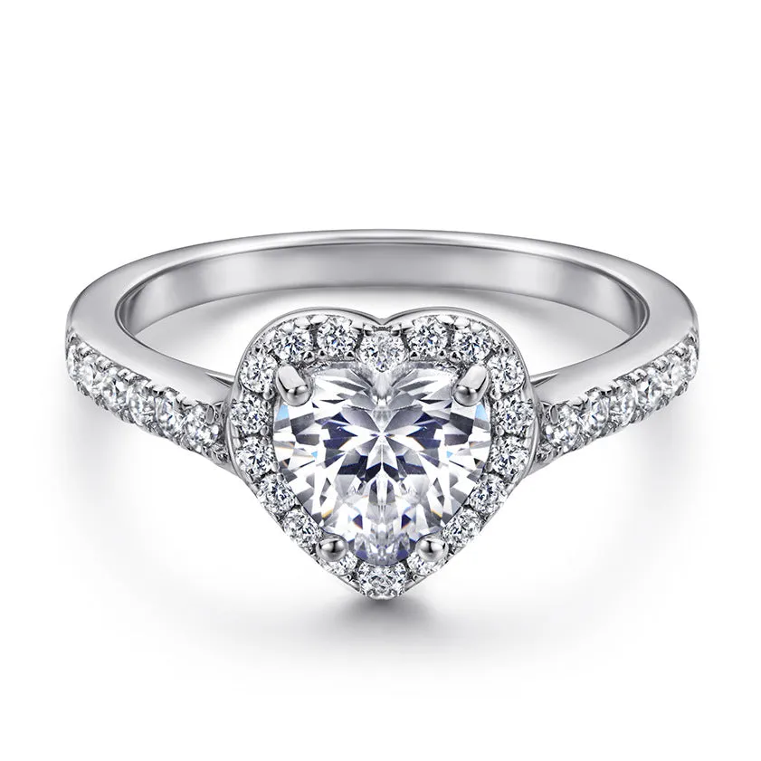 Heart-shaped Zircon Soleste Halo with Beading Silver Ring Set for Women