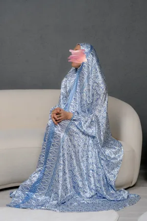 Home prayer gown dress in gzhel print with elasticated cuffs and pouch