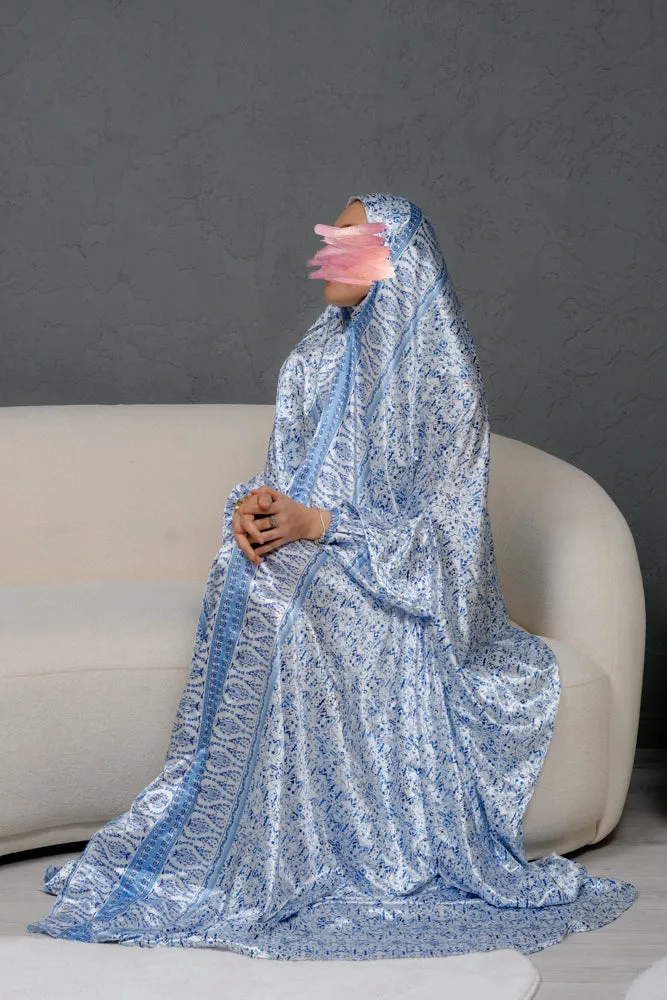 Home prayer gown dress in gzhel print with elasticated cuffs and pouch