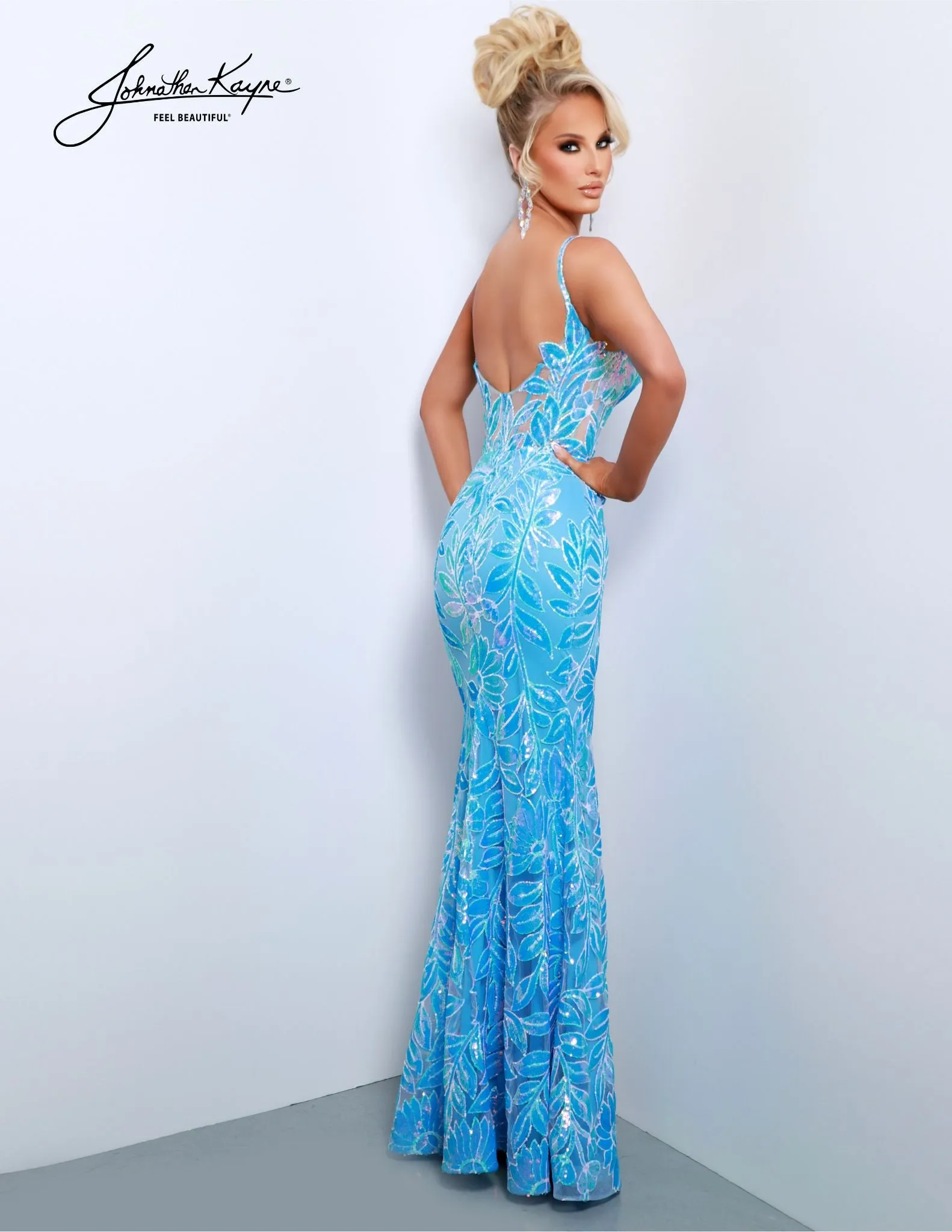 Johnathan Kayne 2837 Long Prom Dress Sequin Mesh Corset Sheer High Slit Formal Pageant Gown