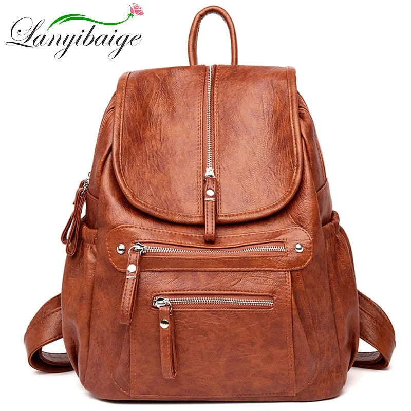 LANYIBAIGE Lovely Leather Zippered Backpack