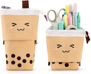 Livhil Boba Pencil Case, Pop up Pencil Box Makeup Pouch for Kids, Bubble Tea Pen Holder for Women, Kawaii Office Stationary , Brown School Supplies