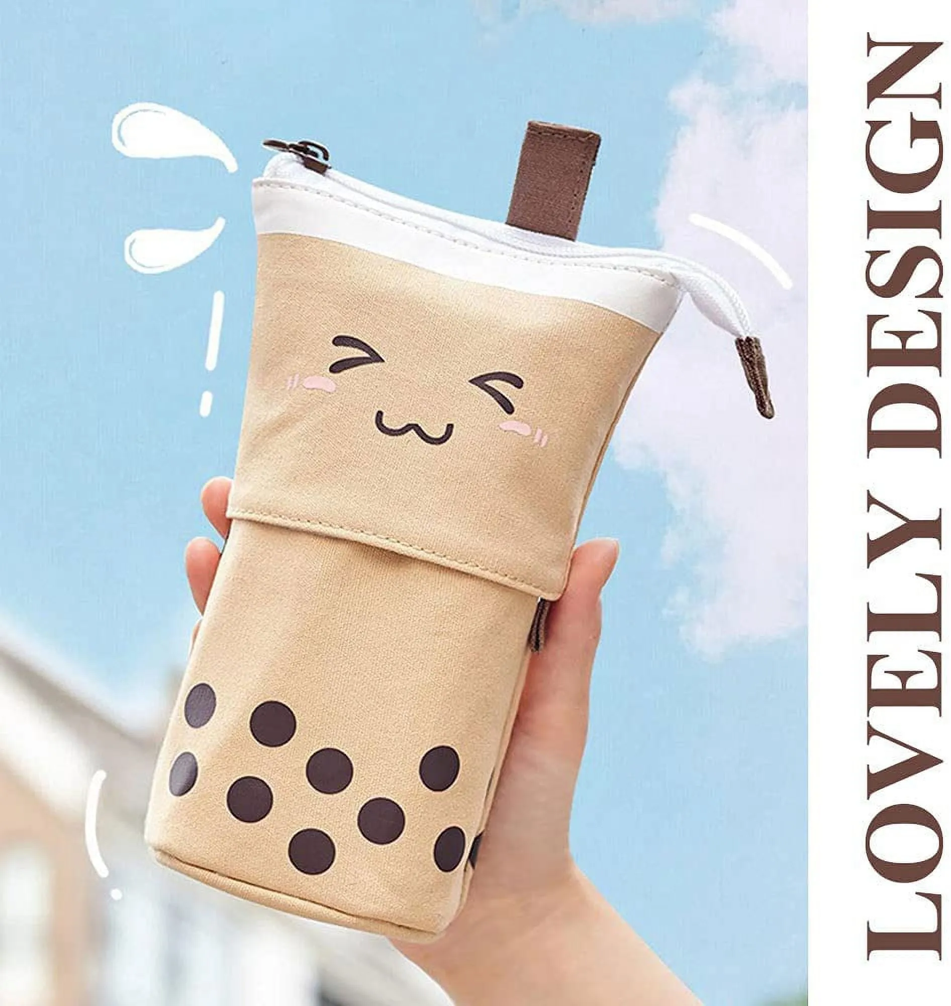 Livhil Boba Pencil Case, Pop up Pencil Box Makeup Pouch for Kids, Bubble Tea Pen Holder for Women, Kawaii Office Stationary , Brown School Supplies