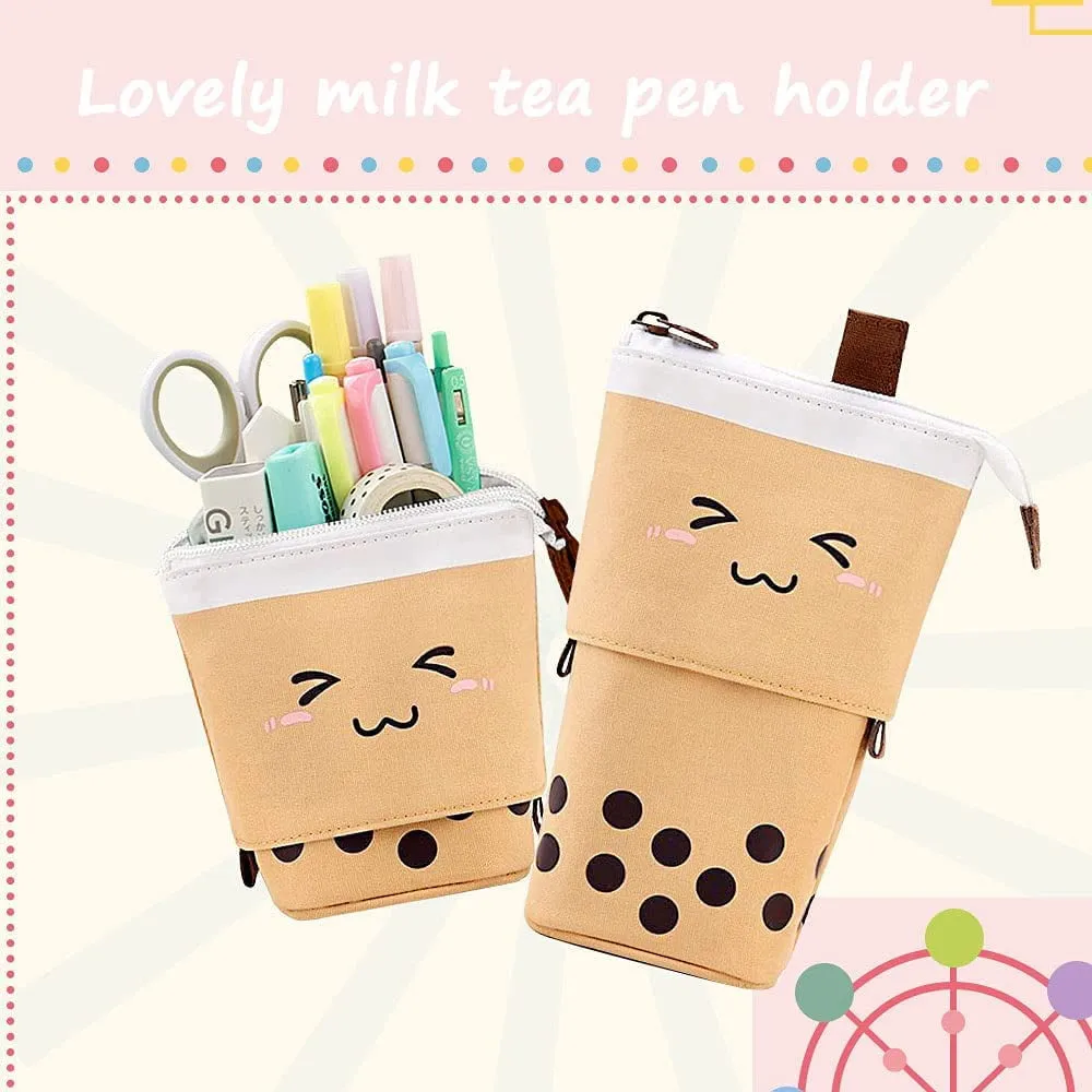 Livhil Boba Pencil Case, Pop up Pencil Box Makeup Pouch for Kids, Bubble Tea Pen Holder for Women, Kawaii Office Stationary , Brown School Supplies
