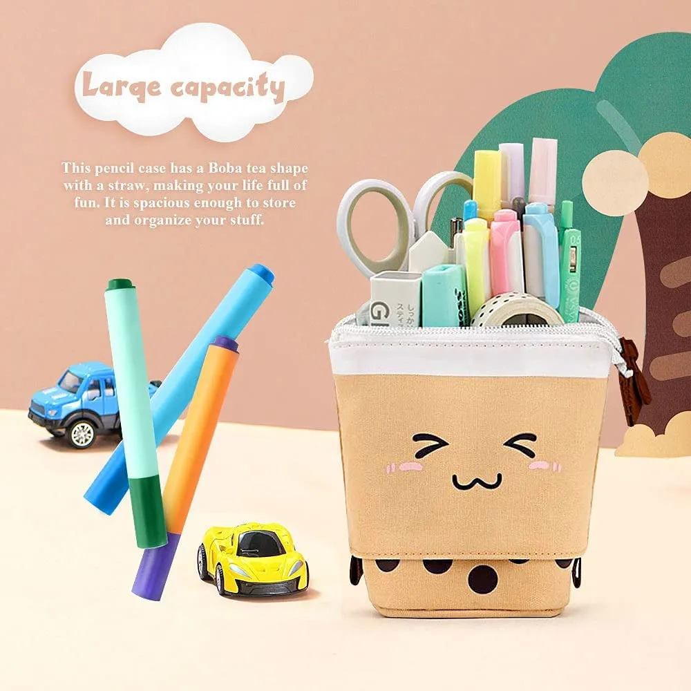 Livhil Boba Pencil Case, Pop up Pencil Box Makeup Pouch for Kids, Bubble Tea Pen Holder for Women, Kawaii Office Stationary , Brown School Supplies