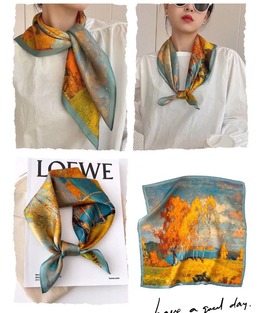 Luxurious Silk-Feel Square Scarf--Golden Tree