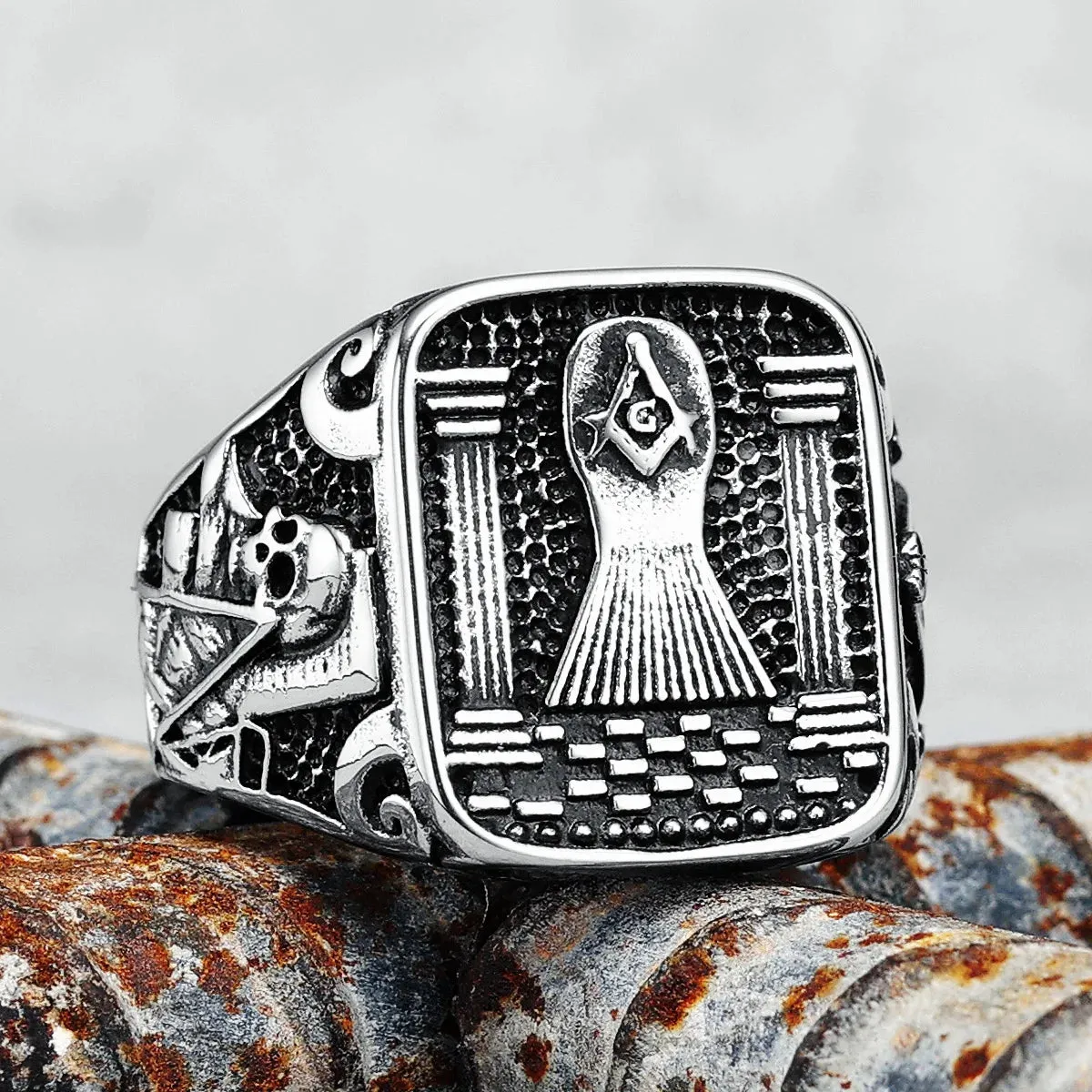 Master Mason Blue Lodge Ring - 316L Stainless Steel Pillars & Skeleton