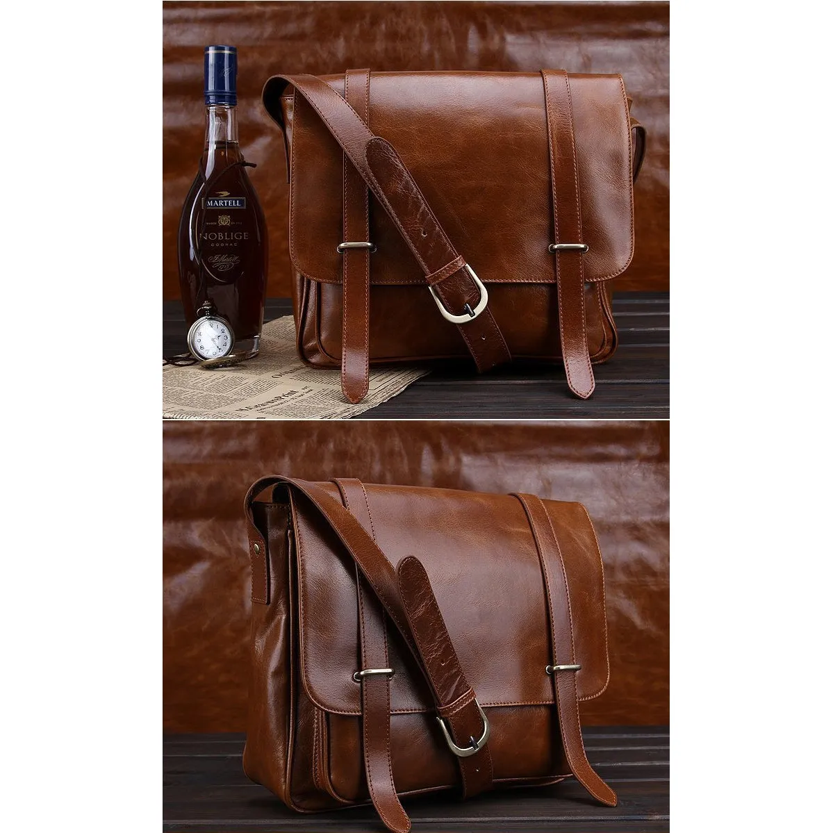 Men Brown Shoulder Strap Crossbody Vintage Messenger Leather Bag