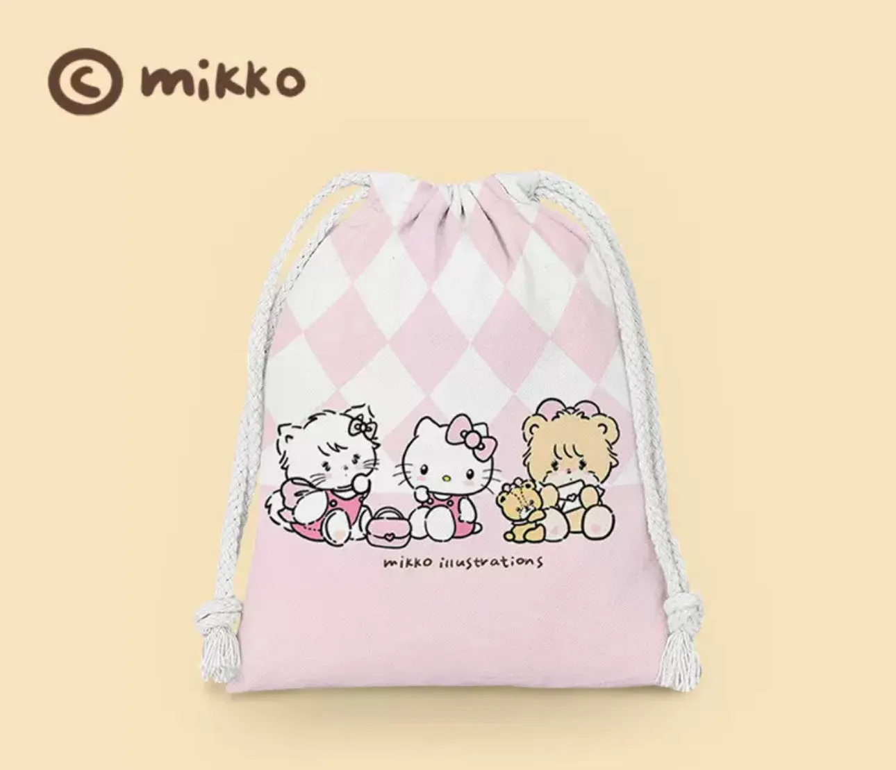 Mikko illustration Drawstring Pockets | Kitten Mousse Bear Latte Hello Kitty My Melody - 3 Size Tidy up Bag Kawaii Style