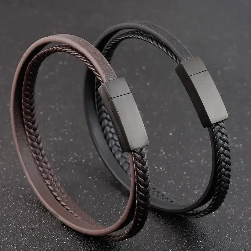 New Style Luxury Men's Leather Bracelet Classic Hand-woven Multi-layer Bangle Stainless Steel Fashion Vintage Jewelry Wholesale