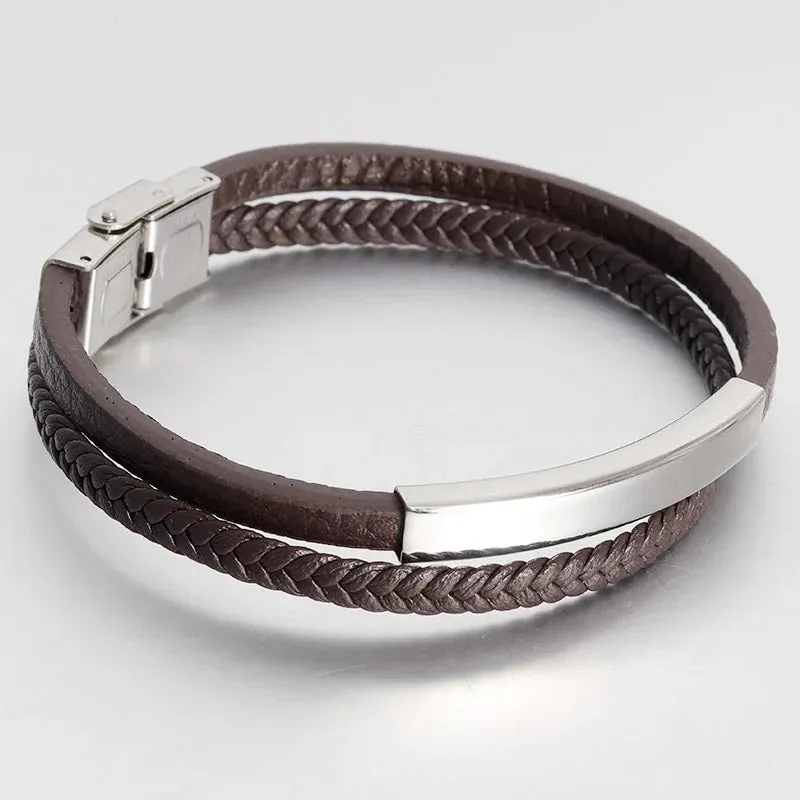 New Style Luxury Men's Leather Bracelet Classic Hand-woven Multi-layer Bangle Stainless Steel Fashion Vintage Jewelry Wholesale