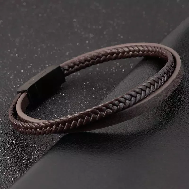 New Style Luxury Men's Leather Bracelet Classic Hand-woven Multi-layer Bangle Stainless Steel Fashion Vintage Jewelry Wholesale