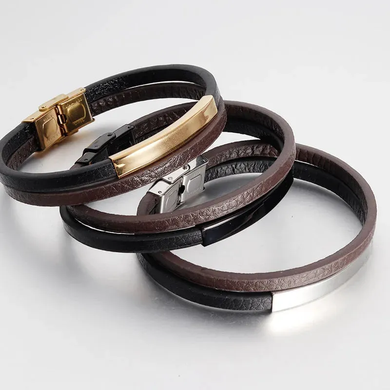 New Style Luxury Men's Leather Bracelet Classic Hand-woven Multi-layer Bangle Stainless Steel Fashion Vintage Jewelry Wholesale