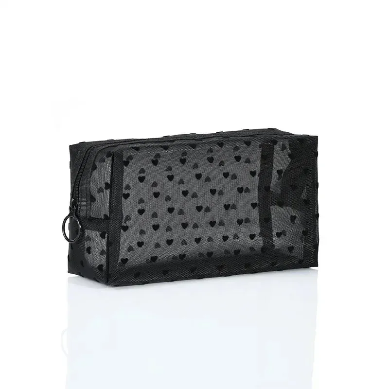 Nylon Mesh Cosmetic Bag Zipper Heart Shaped Toiletry Organizer