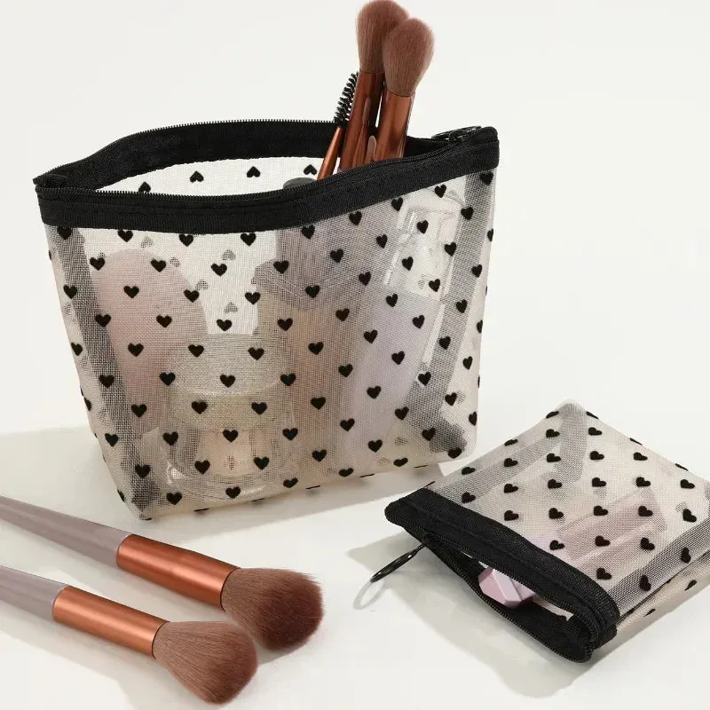 Nylon Mesh Cosmetic Bag Zipper Heart Shaped Toiletry Organizer