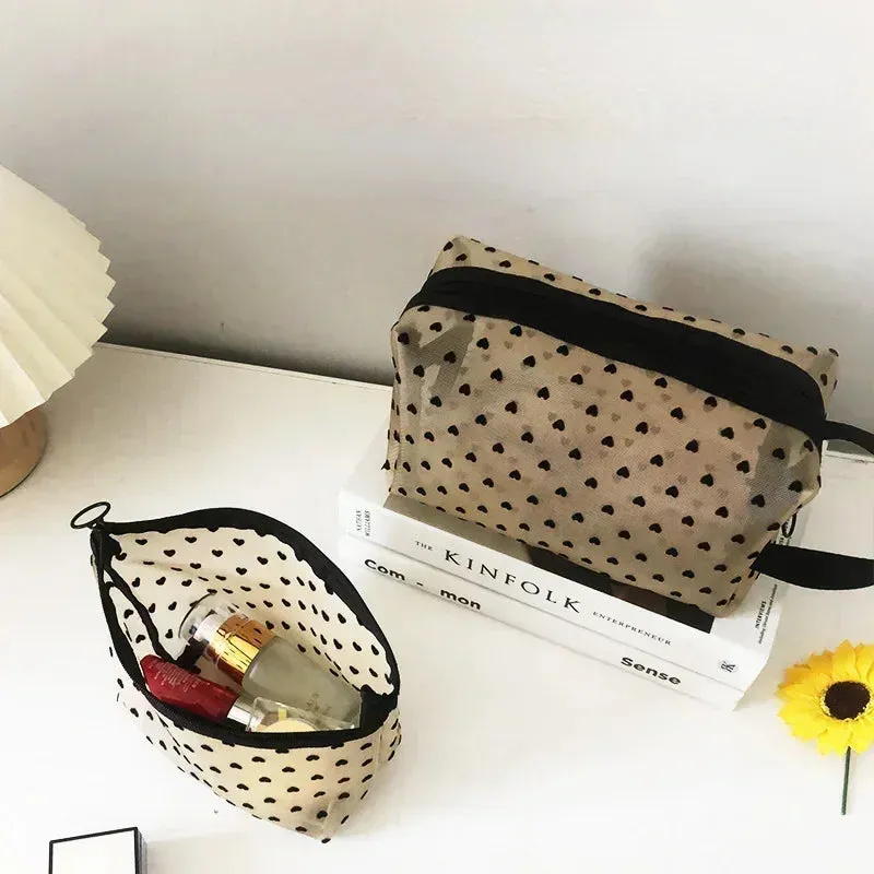 Nylon Mesh Cosmetic Bag Zipper Heart Shaped Toiletry Organizer