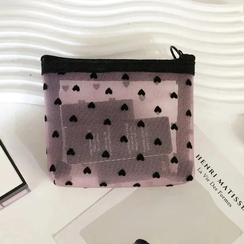 Nylon Mesh Cosmetic Bag Zipper Heart Shaped Toiletry Organizer