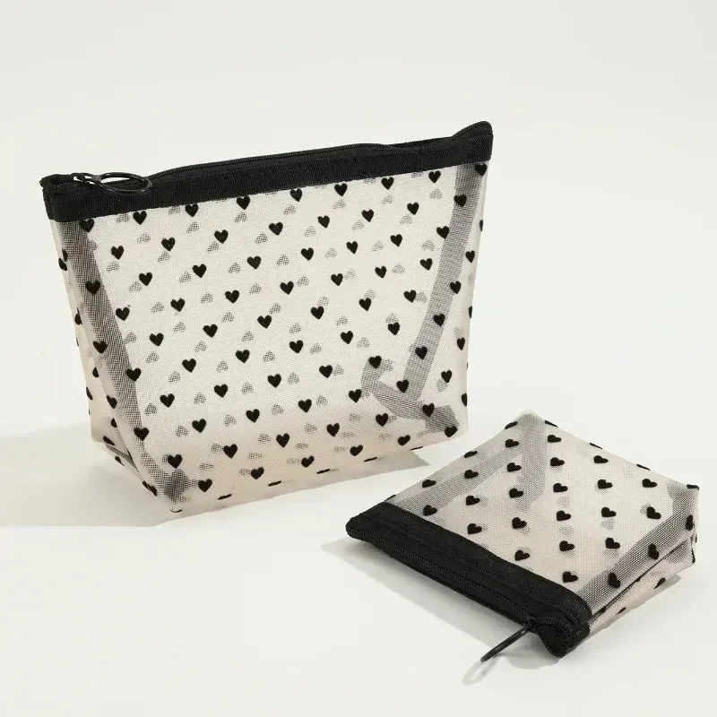 Nylon Mesh Cosmetic Bag Zipper Heart Shaped Toiletry Organizer