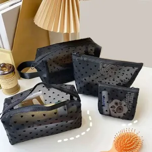 Nylon Mesh Cosmetic Bag Zipper Heart Shaped Toiletry Organizer