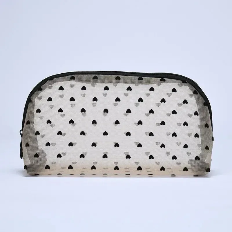 Nylon Mesh Cosmetic Bag Zipper Heart Shaped Toiletry Organizer