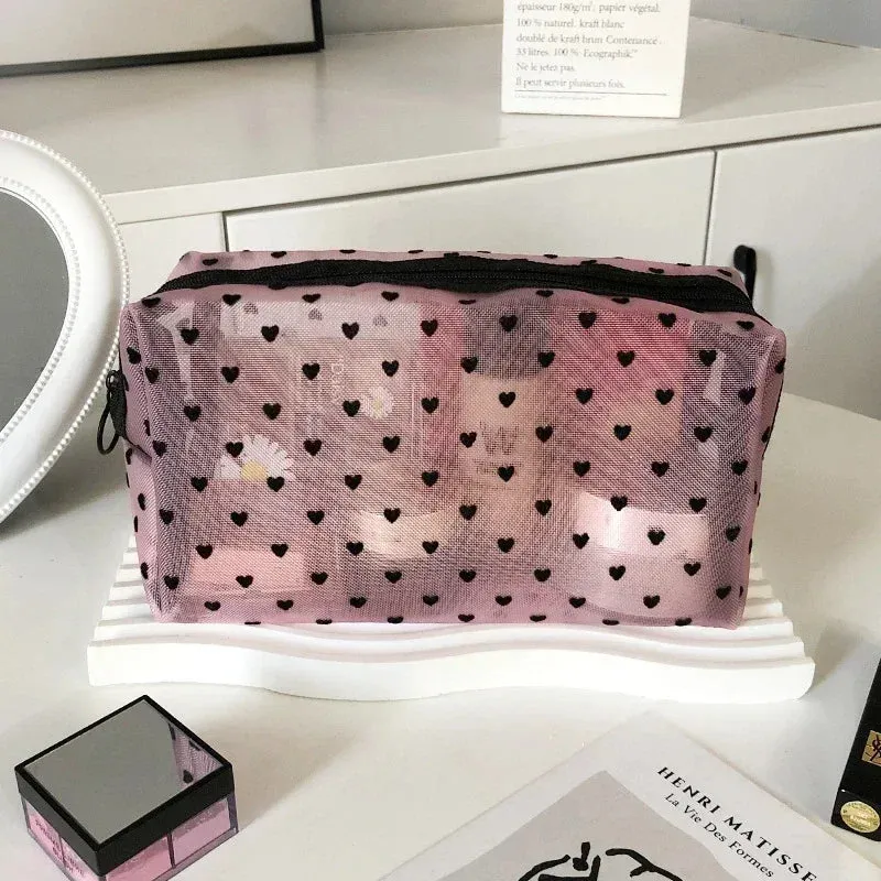 Nylon Mesh Cosmetic Bag Zipper Heart Shaped Toiletry Organizer