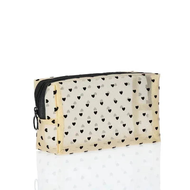 Nylon Mesh Cosmetic Bag Zipper Heart Shaped Toiletry Organizer