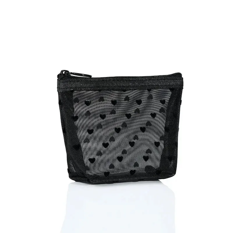 Nylon Mesh Cosmetic Bag Zipper Heart Shaped Toiletry Organizer