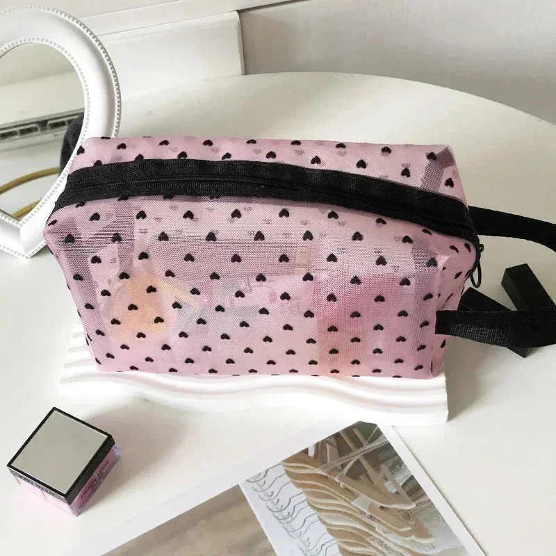 Nylon Mesh Cosmetic Bag Zipper Heart Shaped Toiletry Organizer