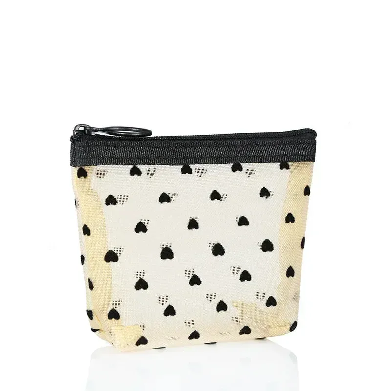 Nylon Mesh Cosmetic Bag Zipper Heart Shaped Toiletry Organizer