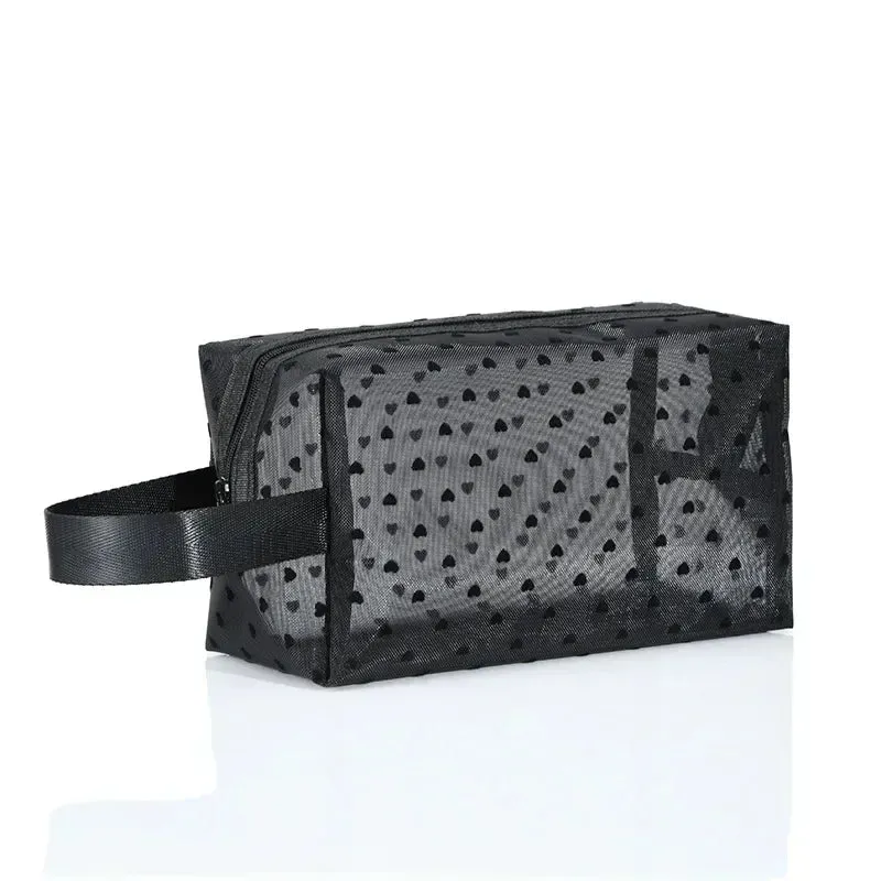 Nylon Mesh Cosmetic Bag Zipper Heart Shaped Toiletry Organizer
