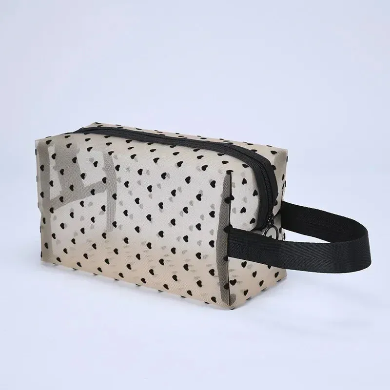 Nylon Mesh Cosmetic Bag Zipper Heart Shaped Toiletry Organizer