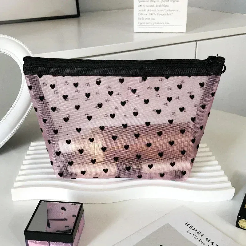 Nylon Mesh Cosmetic Bag Zipper Heart Shaped Toiletry Organizer