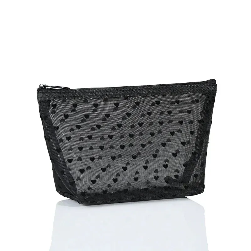 Nylon Mesh Cosmetic Bag Zipper Heart Shaped Toiletry Organizer