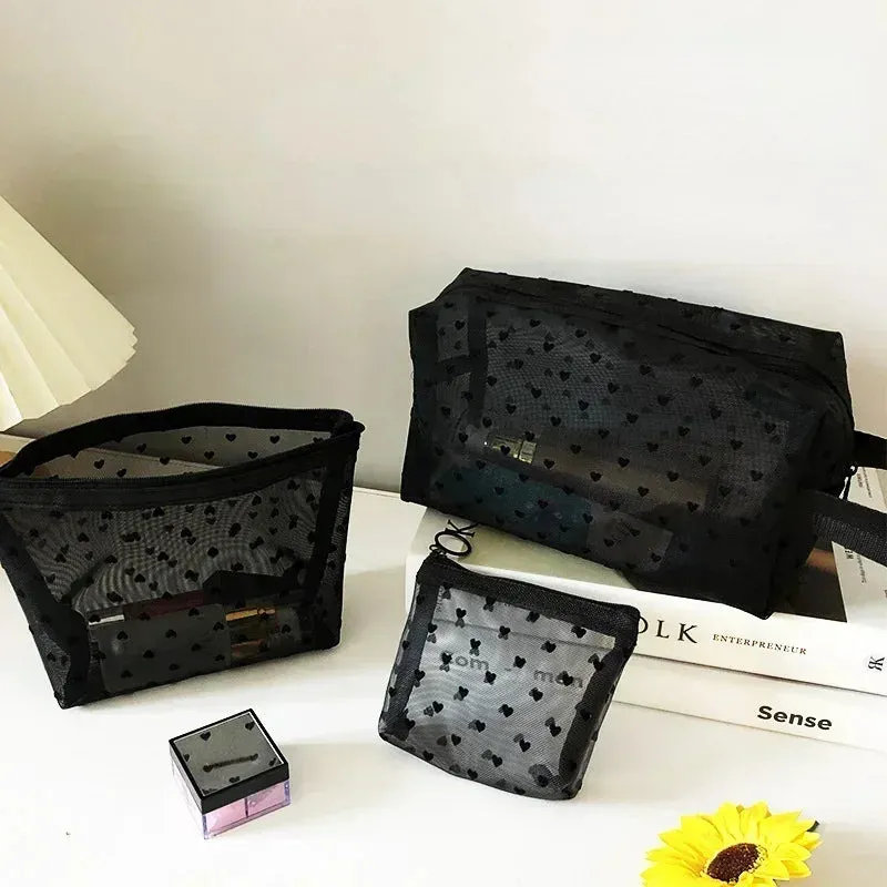 Nylon Mesh Cosmetic Bag Zipper Heart Shaped Toiletry Organizer