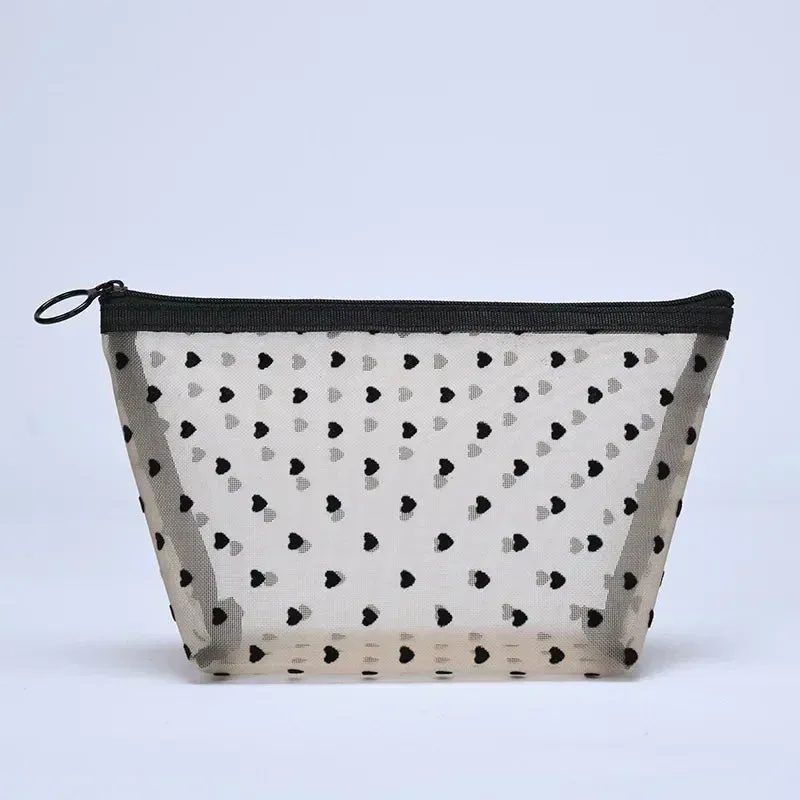 Nylon Mesh Cosmetic Bag Zipper Heart Shaped Toiletry Organizer