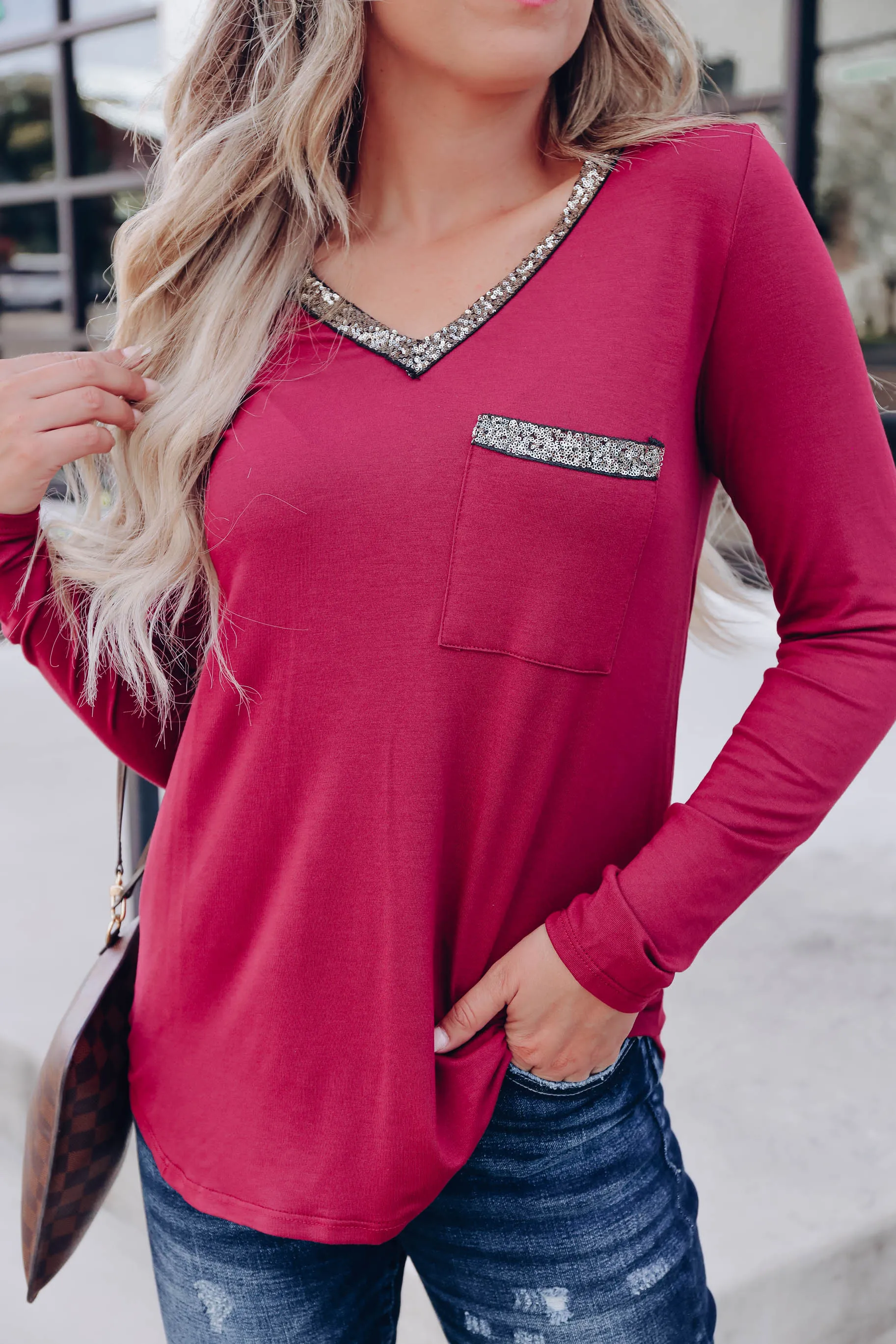 Oh So Glamorous Long Sleeve Top - Burgundy