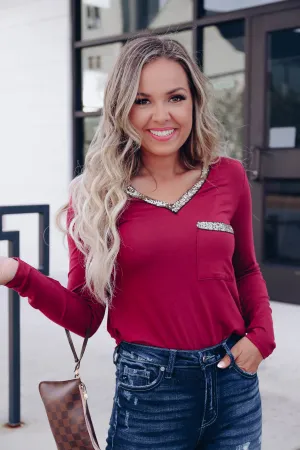 Oh So Glamorous Long Sleeve Top - Burgundy