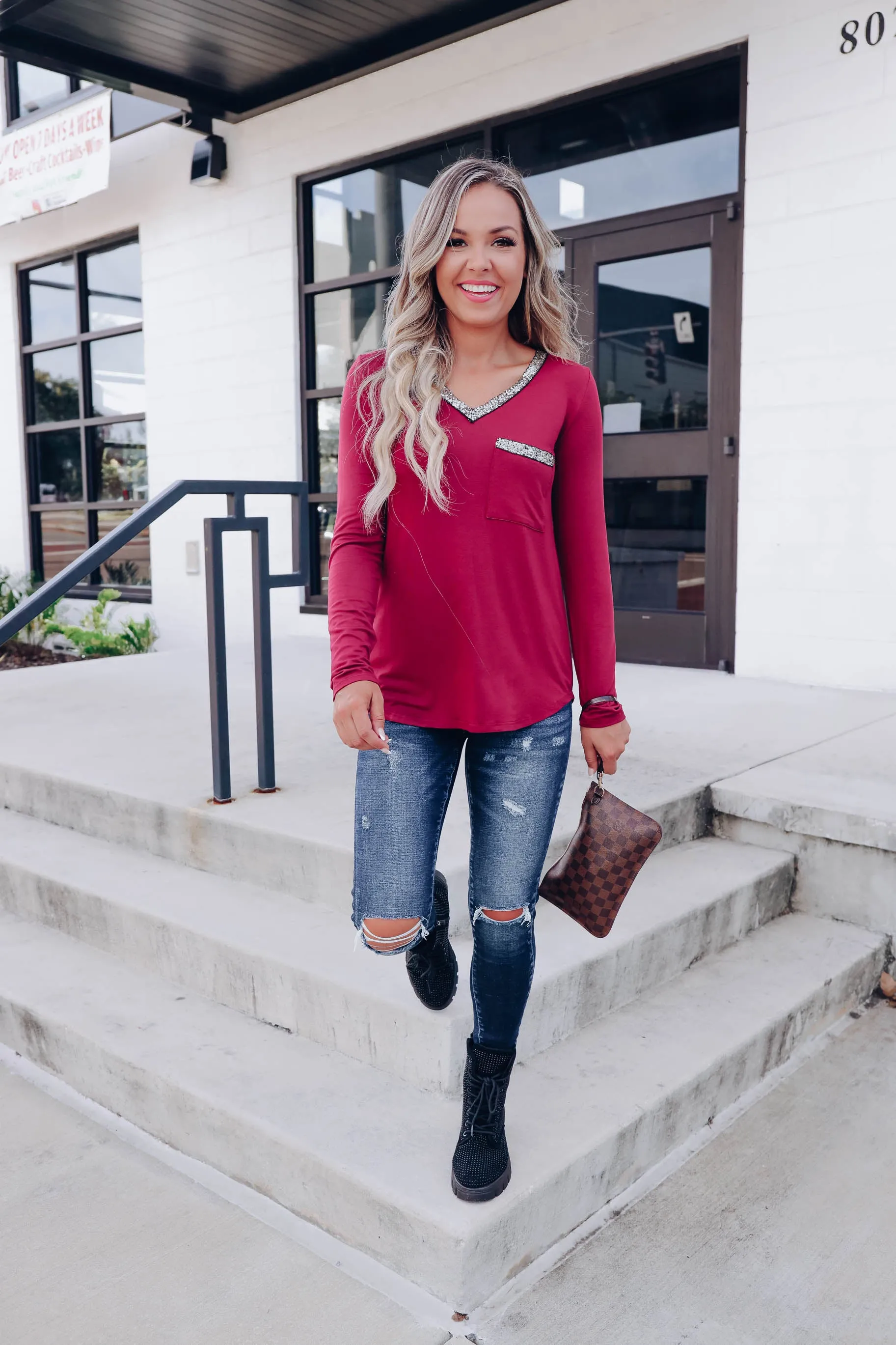 Oh So Glamorous Long Sleeve Top - Burgundy