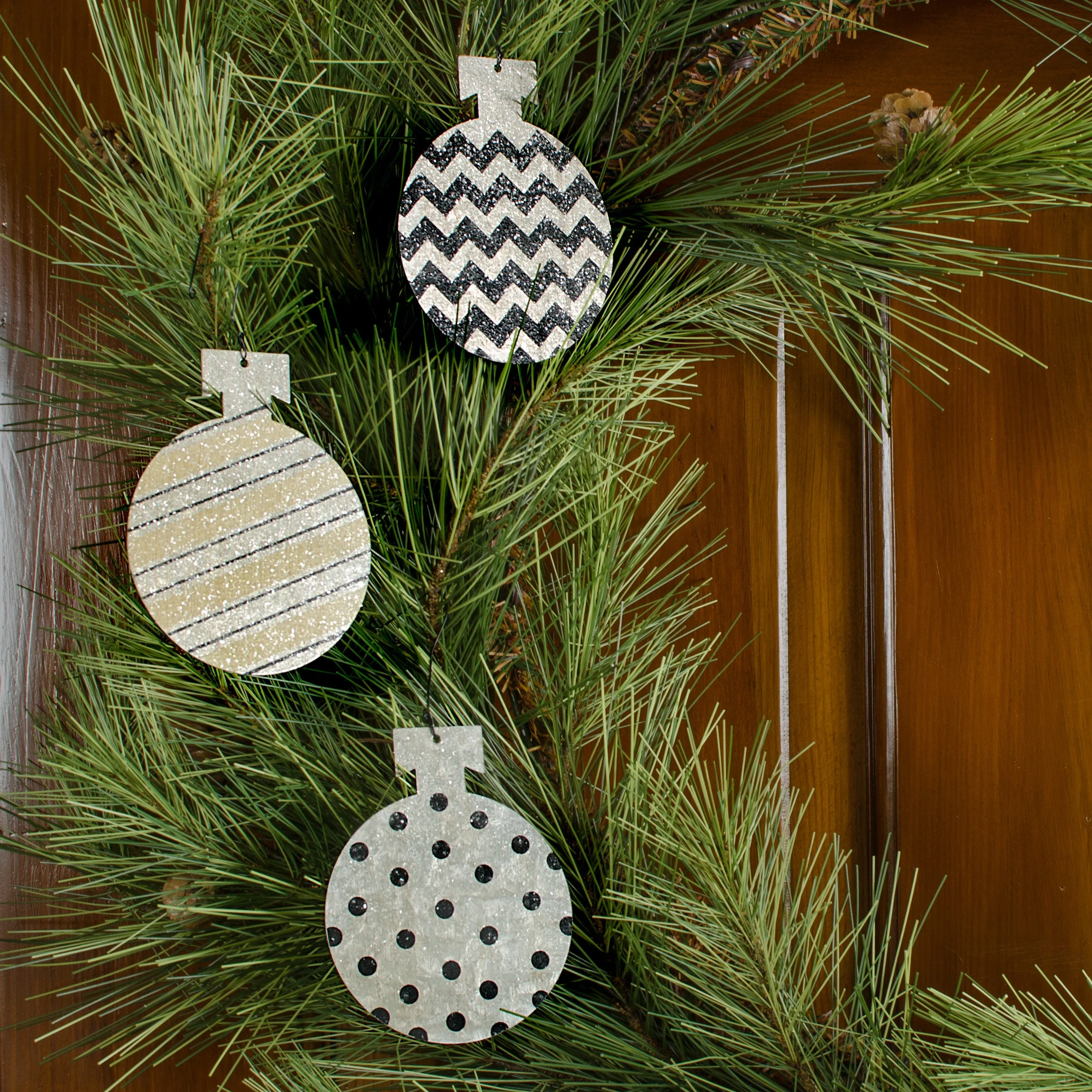 Patterned Tin Ball Ornaments: Black & Ivory (Set of 3)