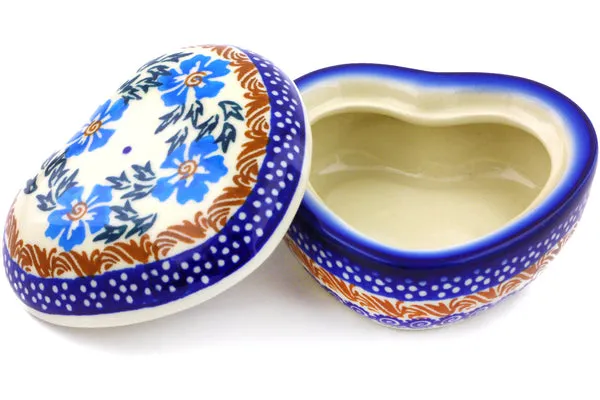 Polish Pottery 4" Heart Shaped Jar Blue Cornflower