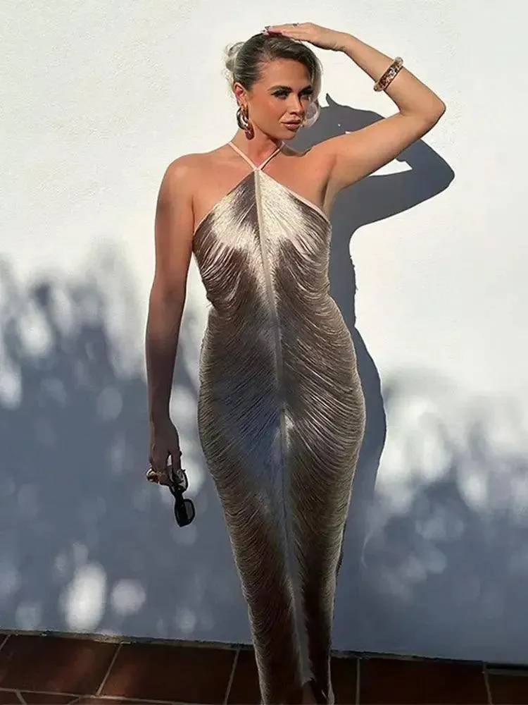 Shinny Metallic Halter Dress: Glamorous Clubwear & Party Fashion
