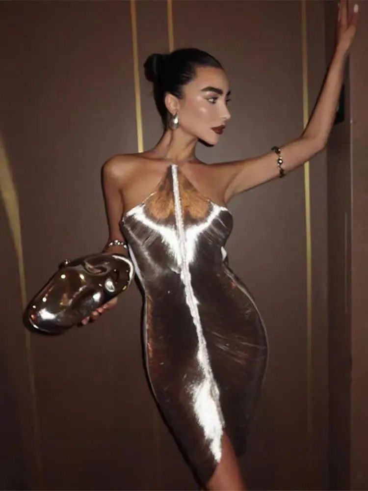 Shinny Metallic Halter Dress: Glamorous Clubwear & Party Fashion