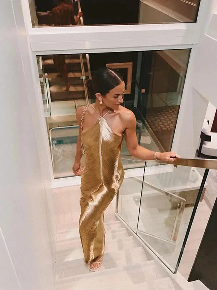 Shinny Metallic Halter Dress: Glamorous Clubwear & Party Fashion