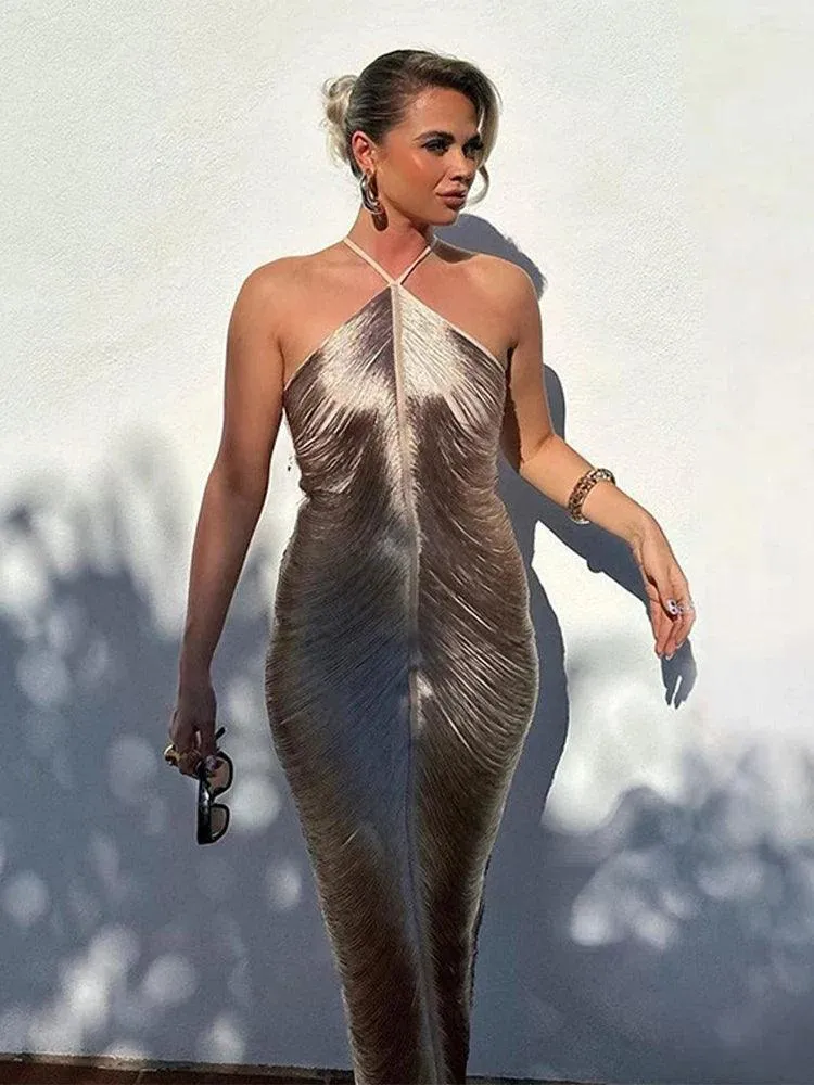Shinny Metallic Halter Dress: Glamorous Clubwear & Party Fashion