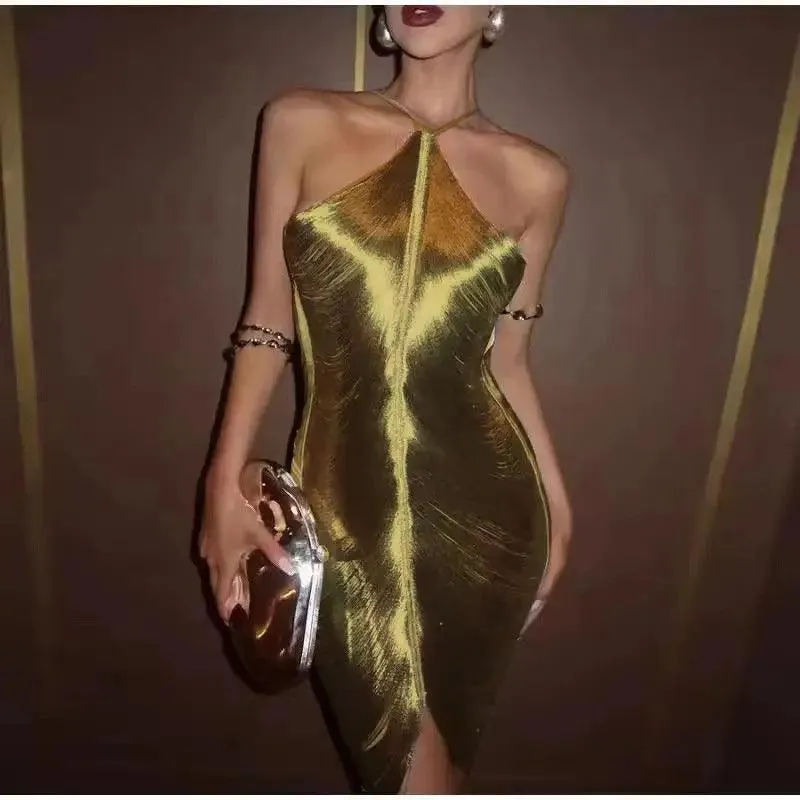 Shinny Metallic Halter Dress: Glamorous Clubwear & Party Fashion