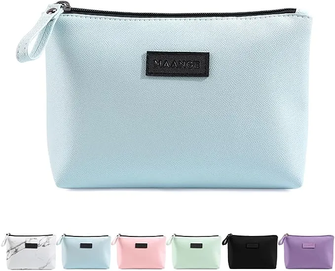 Small Makeup Bag MAANGE Small Travel Cosmetic Bag Portable Makeup Pouch Waterproof PU Leather Make up Bag Cosmetic Bag for Purse with Handle Versatile Zipper Pouch for Women Girls (Pink)