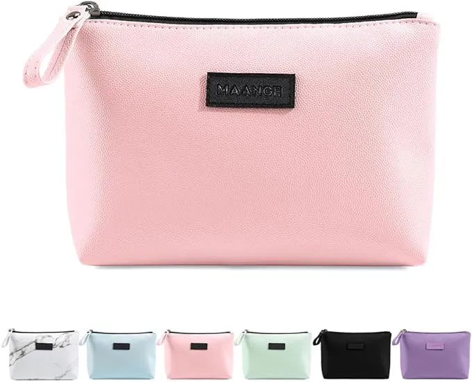 Small Makeup Bag MAANGE Small Travel Cosmetic Bag Portable Makeup Pouch Waterproof PU Leather Make up Bag Cosmetic Bag for Purse with Handle Versatile Zipper Pouch for Women Girls (Pink)