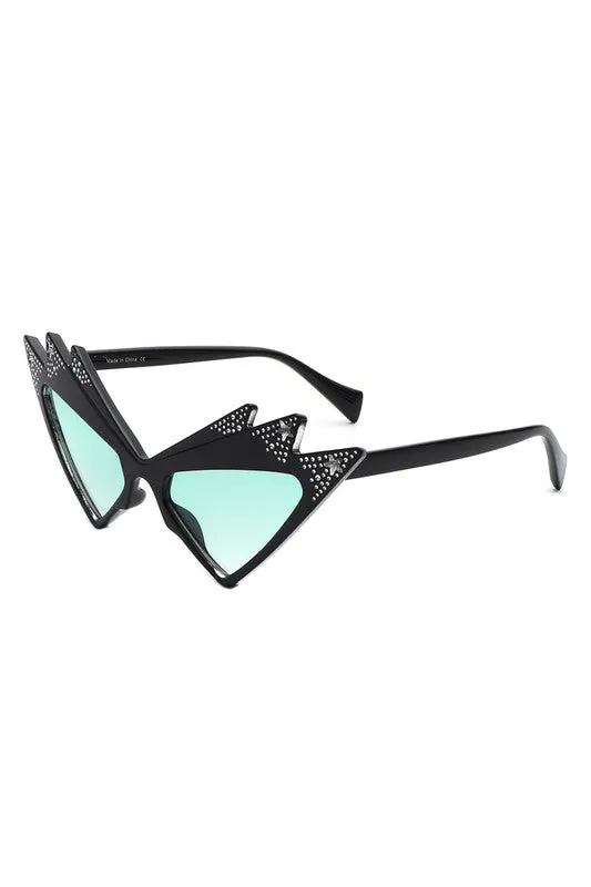 Star Embellished Cat Eye Sunglasses - Green Lenses