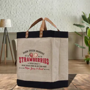 Strawberry Farm Fresh Market Jute Tote Bag Farmers Fruit Lover Burlap Bag Fruity Vintage Market Jute Burlap Bag Vintage Farmer Bag (VTB1002)